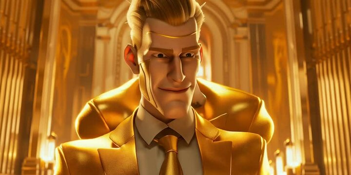 3D animation of a golden man in golden suit in golden room of golden mansion