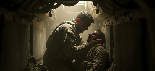 A soldier cradles his wounded comrade in a dark, confined space, their bond tested amidst the chaos of war, a poignant moment of shared sacrifice.
