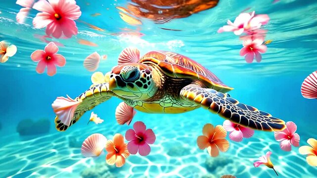 Magical Tropical Fantasy: Sea Turtle swimming underwater with vibrant flower, shell, showing dreamy nature. Tropical Fantasy concept. 4K video animation