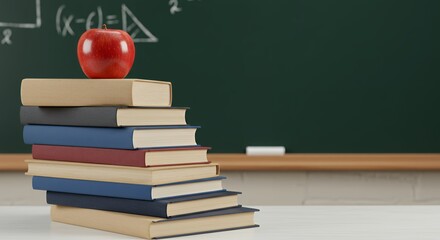 Red Apple on Stack of Textbooks in Front of Chalkboard with Math Equations