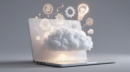 A laptop with a cloud computing concept on a gray background.