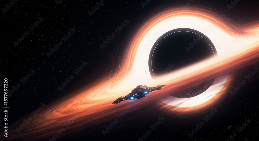 Poster a spaceship navigates a swirling accretion disk surrounding a black hole in deep space