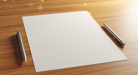 Blank White Paper and Pen on Desk, Office Workspace Mockup Concept