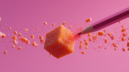 Orange Glitter Exploding from a Pencil in Pink Cube.