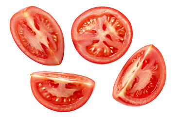 fresh tomato slices isolated on white transparent background, set of ripe tomato pieces, cutout png