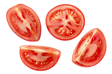 fresh tomato slices isolated on white transparent background, set of ripe tomato pieces, cutout png 
