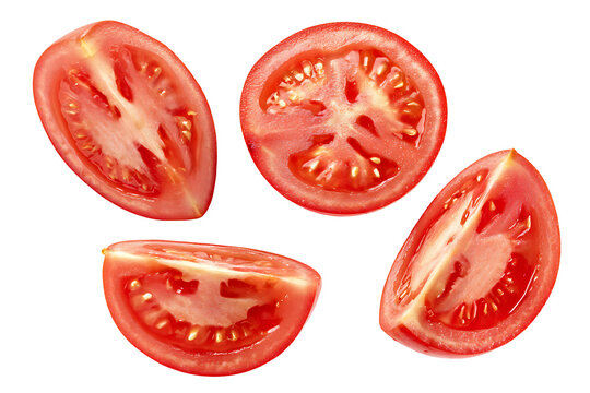 fresh tomato slices isolated on white transparent background, set of ripe tomato pieces, cutout png 