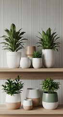 A collection of potted plants of various sizes and species arranged on two wooden shelves against a striped white wall.