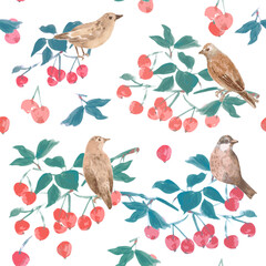 watercolor seamless texture with birds perching on branches of tree with red berries. oriental painting