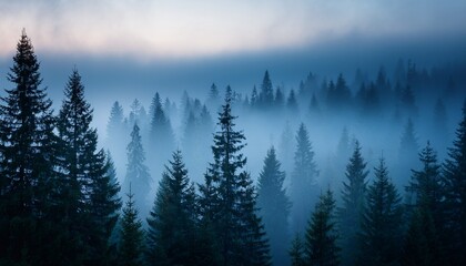 misty forest landscape with fog and evergreen trees in twilight