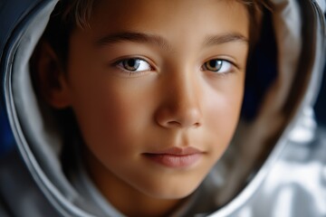 Close-up of young caucasian male child in gray hoodie looking intently