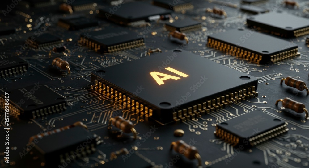 Poster ai processor chip illuminated on a circuit board, surrounded by other components
