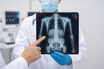 Medical Diagnosis X Ray Scan Examining Bones on Tablet with Doctor and Colleague Collaboration in Healthcare and Modern