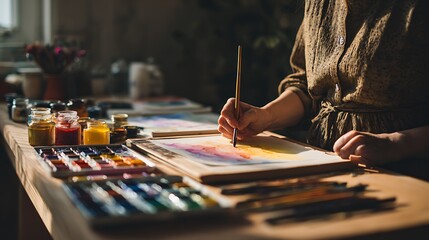Obraz premium Artist hands painting a colorful abstract watercolor artwork on canvas with brushes and paints on a wooden table in natural light