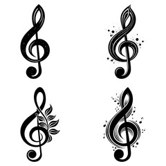 Four stylized black treble clef designs with varying decorative elements on a white background art