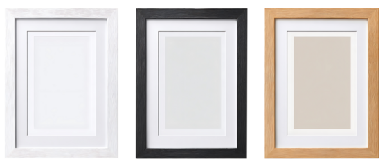 Modern standard A4 A3 size picture frame mockup transparent PNG set bundle, isolated background. White, wood, black texture color with a mat, gallery, art painting photo framing 