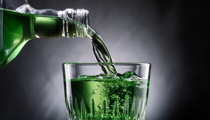stylish macro photography of absinthe being poured into a crystal clear glass modern background in gradient gray tones