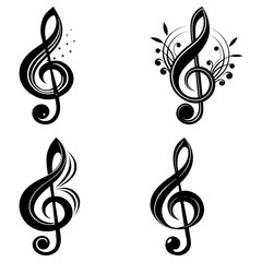 Collection of four decorative black and white treble clef designs in various artistic styles and arrangements