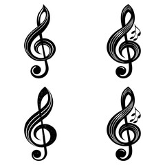 Obraz premium Four elegant black and white treble clefs arranged in a square formation on a plain white background