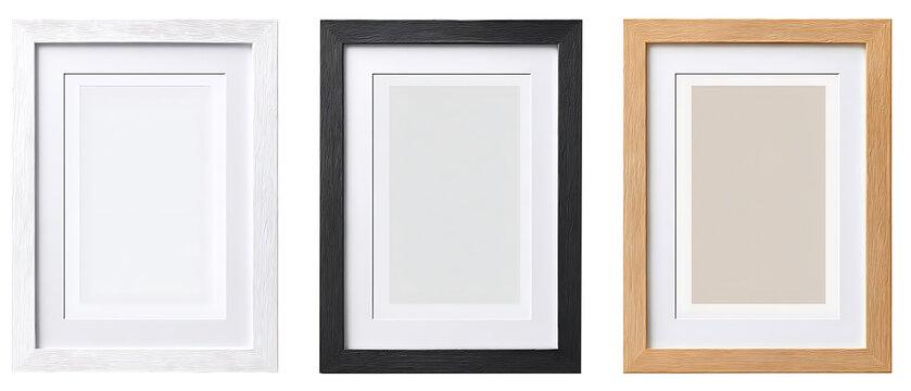 Modern standard A4 A3 size picture frame mockup transparent PNG set bundle, isolated background. White, wood, black texture color with a mat, gallery, art painting photo framing 
