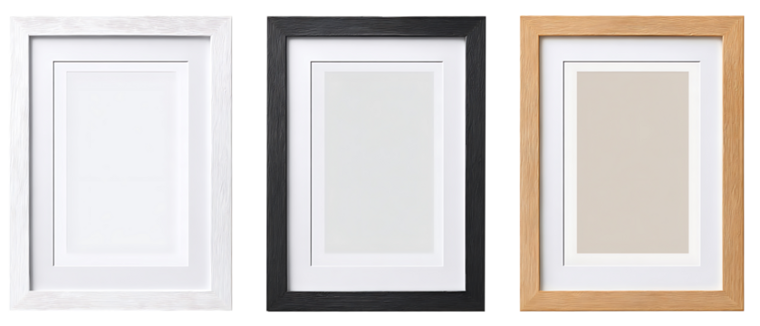 Modern standard A4 A3 size picture frame mockup transparent PNG set bundle, isolated background. White, wood, black texture color with a mat, gallery, art painting photo framing 