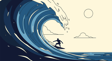 A lone surfer bravely rides a massive crashing ocean wave under a clear sky