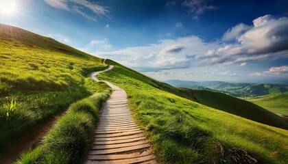 this serene image features a winding pathway leading up a lush green hill under a bright sky symbolizing adventure and exploration in nature