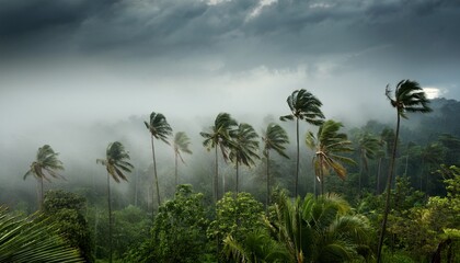 tropical storm winds intensify as palm trees sway amidst lush greenery in misty atmosphere