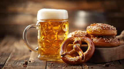 Oktoberfest pretzels and beer steins on wooden table