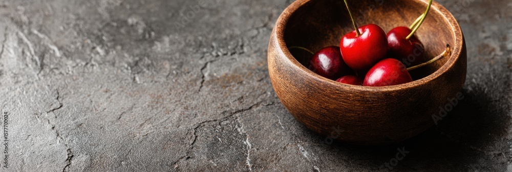 Aufkleber elegant cherry bowl on dark textured surface with empty upper space for creative design or text plac