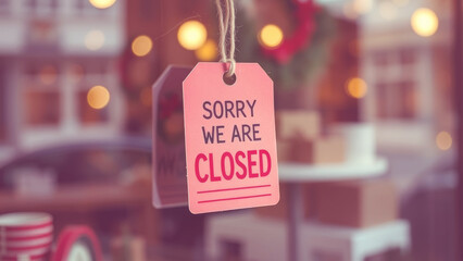 Pink closed sign hanging on a glass door, surrounded by festive Christmas decorations and twinkling lights in the background