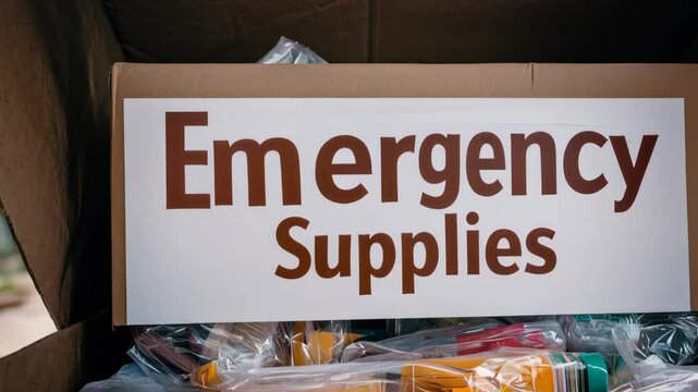 Donation Center Disaster Concept, Box of Essential Emergency Supplies for Disaster Preparation with Colorful Items Visible Inside the Open Container