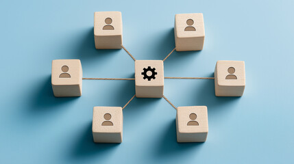 Connected Wooden Cubes with Gear Icon, System Management, Process Optimization and Collaborative Workflow