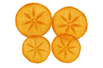 Four ripe persimmon slices displaying vivid orange hue, revealing distinctive star-shaped cross-section against transparent backdrop