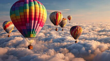 A group of hot air balloons are flying above the clouds, Colorful hot air balloons are floating above the clouds at sunset, 4k video
