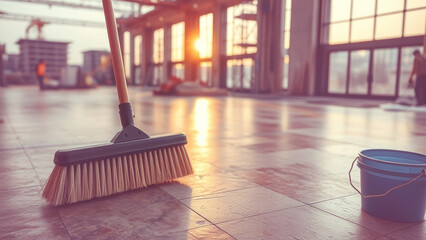 Broom and bucket cleaning a spacious construction site floor, illuminated by the warm glow of sunset, creating a tidy and safe environment