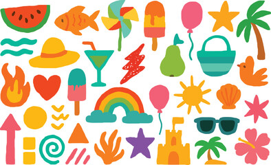 Summer beach icon. Sea vacation vector. Crayon doodle sticker set