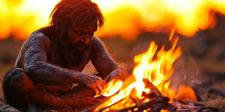 A caveman neanderthal discovers fire