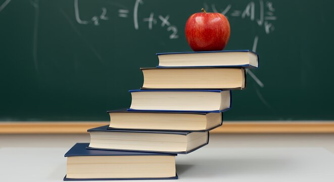 Red Apple on Stack of Books Forming a Staircase Against Chalkboard with Math Equations