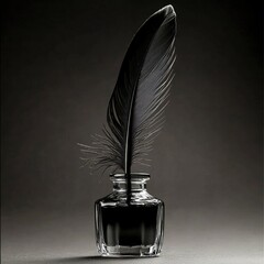 Elegant Quill Pen in Crystal Inkwell Still Life on a Dark Minimalist Background