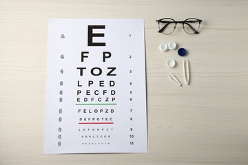 Vision test chart, glasses, lenses and tweezers on wooden table, flat lay