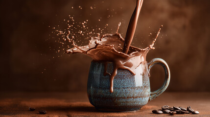 Pouring chocolate drink into mug with splash