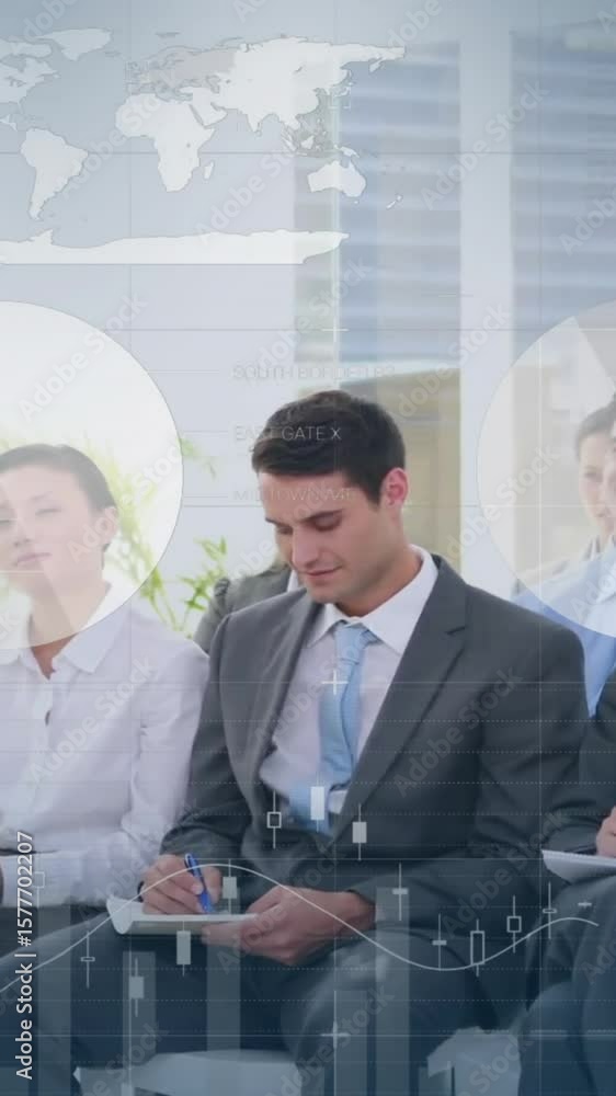 Poster animation of infographic interface moving over diverse colleagues asking questions in seminar