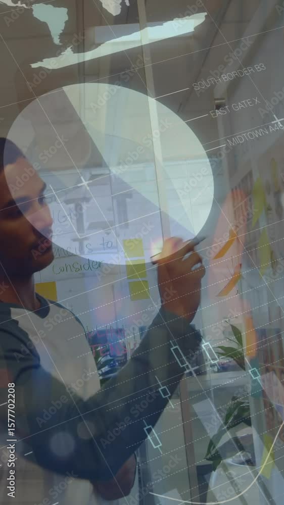 Aufkleber animation of graphs and financial data over diverse coworkers brainstorming in office