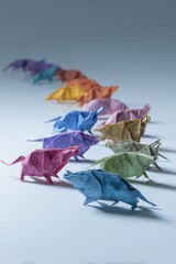 Photo of a colorful row of origami paper mice creates a whimsical display of handmade art and creative design