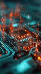 A close up of a circuit board with orange sparks and blue lines in a dark and blurry setting