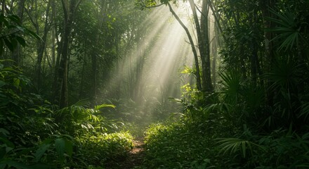 Obraz premium Sunbeams pierce through dense, misty jungle foliage, illuminating a path ahead. Lush green vegetation surrounds a tranquil trail