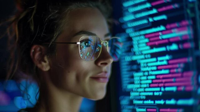 Software, coding hologram and woman in data analytics, information technology and gdpr overlay. Programmer or IT person in glasses reading script, programming and cybersecurity research on computer