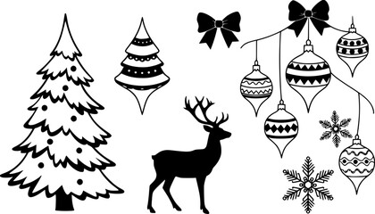 Set of Christmas silhouette outline vector elements. Christmas tree, reindeer, ornaments, winter, snowflake on white background.
