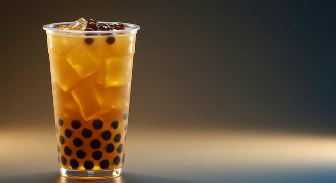 A refreshing drink, the clear plastic cup revealing iced tea with bobas and ice cubes
